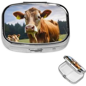 Dierlijke bruine koe pillendoos 2 compartimenten, kleine pillendoos voor portemonnee en zak, metalen pillendoosje met spiegel, dagelijkse pillenorganizer, draagbare medicijnvitaminehouder, uniek