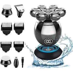 Kaal scheerapparaat, elektrisch baardscheerapparaat, 5-in-1 waterdicht, IPX7 met 7 roterende borstelkoppen, batterijdisplay en type C-oplaadkabel, nultondeuse voor neus, oren, lichaam en gezicht