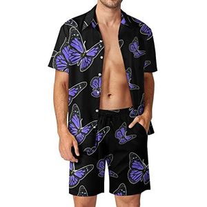 Paarse vlinder heren 2 stuks Hawaiiaanse sets losse pasvorm korte mouwen shirts en shorts strand outfits S