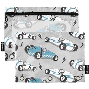 Wudan Vintage Race Cars Grafische Grijs 3 Ringen Binder Potlood Pouch 2 Stks Waterdichte Plastic Potlood Houder Rits Etui Briefpapier Organizer Kantoorbenodigdheden