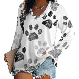 Hondenpoot Print Zwart Wit Vrouwen Casual Lange Mouw T-shirts V-hals Gedrukt Grafische Blouses Tee Tops XL