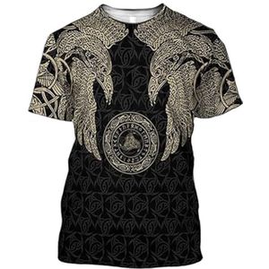 Nieuwigheid Viking Odin Crow T-shirt, Noordse 3D-geprinte Thor's Hamer Tattoo Voor Heren Casual Ronde Hals Korte Mouwen, Zomer Sneldrogende en Coole Kleding (Color : Crow B, Size : S)