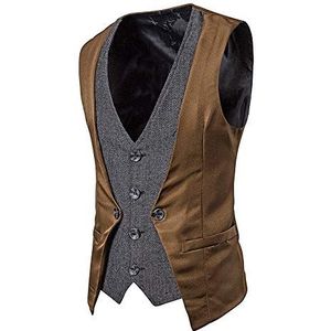 Mannen Pak Vest Slim Fit Business Casual Gilet Valse 2 Stuk Patchwork Single Breasted Mouwloos Pak Vest, Koffie, L