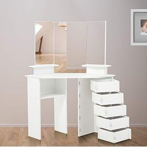 Makika Houten Toilettafel, Make-uptafel Dressing Tafelspiegel met 5 Zwenkladen Wit Meubels Slaapkamer Bureau - TYRA
