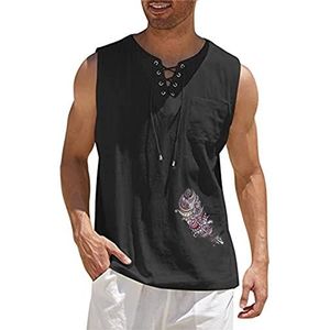 Mannen Katoen Linnen Shirt Lace Up Tank Top Mouwloos Tee Shirt Veer Gedrukt Vest Casual Yoga Strand Tops, # 2, XXL