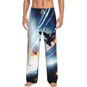 Dexnel Vliegtuig Zachte Pyjama Broek Voor Mannen,Klassieke Slaapbroek Comfortabel, Polyester Pyjama Broek Met Zakken, Wit, S