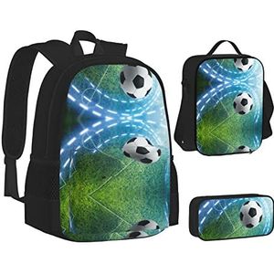 OGNOT Winter Kerst Sneeuw Nacht Spoorweg Trein Print School Rugzak Tieners Meisjes Jongens Schooltassen, Lunchtas, Etui, Lichtgewicht Waterbestendig Boekentas, Voetbal Sport Bal, Eén maat, Schooltas Set