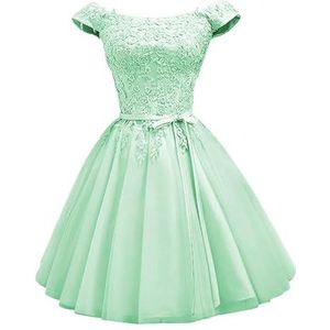 YIANN Off-shoulder satijnen thuiskomst jurken voor tieners met kanten applicatie mouwloze A-lijn baljurk korte galajurk, Munt, 32