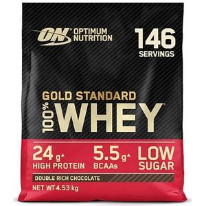 Optimum Nutrition Gold Standard 100% Whey Spieropbouw en Herstel, Proteïnepoeder met Lichaamseigen Glutamine en BCAA Aminozuren, Dubbel Romige Chocoladesmaak, 146 Porties, 4.53 kg