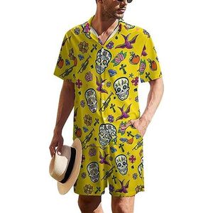 Sugar Skull Pattern Hawaiiaanse pak voor heren, set van 2 stuks, strandoutfit, shirt en korte broek, bijpassende set