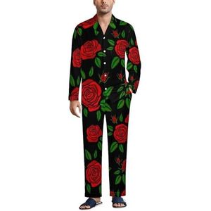 Vintage Rose Bloemen Mannen Pyjama Set Tweedelige Button Down Nachtkleding Lange Mouw Top En Broek Loungewear