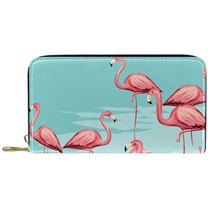 Lederen portemonnee voor heren,grote dames portemonnee voor kaart,cartoon roze flamingo,Muntzakje met rits