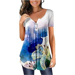 Henley Damesbovenstuk, casual T-shirt met korte mouwen, V-hals en knopen, blouse met bloemenpatroon en tuniek, casual blouse, tuniek, ruches, geplooide overhemden, bloemenblouse, blauw, XL