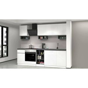 Dmora Compleet Rudolf praktisch en ruimtebesparend, keukenwand met 7 deuren en 1 lade, 100% Made in Italy, 255 x 60 x 85 cm, wit glanzend en leisteen