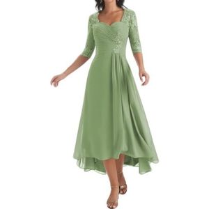 KIYNE Damesjurk, lange jurk voor moeder van de bruid met mouwen, geplooide kanten applicatie, V-hals, formele avondjurk, Sage Groen, 32
