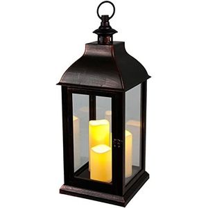 Buri XXL Lantaarn, vintage windlicht, zwart, met 3 led-kaarsen, flikkereffect, lantaarn, kaarsenhouder, 60 cm, decoratieve lantaarn, groot, met glasplaten en timer voor binnen