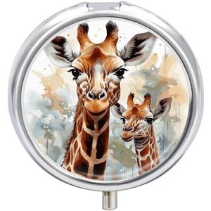 Draagbare Reizen Pillendoos Aquarel Herten Giraffe Gedrukt Ronde Kleine Pil Case 3 Compartiment Pil Container om Vitaminen Medicatie Visolie Supplementen vast te houden