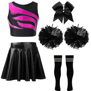 Cheerleader-Uniformen Kinderen Meisjes Cheerleader-Jurken Mouwloze Cheerleader-Uniform Patchwork Crop Top Metallic Rok Hoofddeksel Handbloemen Sokken (Kleur: A Hot Pink Black,