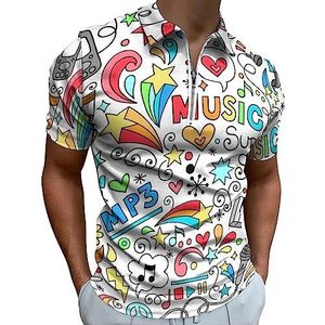 Graffiti Muziek poloshirt voor heren, casual T-shirts met rits en kraag, golftops, slim fit