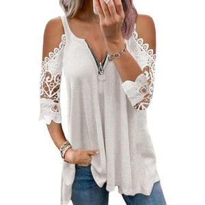 Vrouwen Zomer Tops Sexy V-hals Vest Shirts Korte Mouw Hollow Out Kant Blouse Hemdje Uitsnede Kant Mouw Gebreide Tank Top voor Vrouwen Casual Kant Blouse Dames Korte Mouw V-hals Blouses Losse Shirts, C-wit, L