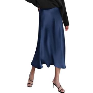 Satijnen rok voor dames, hoge taille, midi-rok, retro, vissenstaart, werk, kokerrok, comfortabele feestrok, elegante zakelijke rok met ritssluiting, Blauw, L