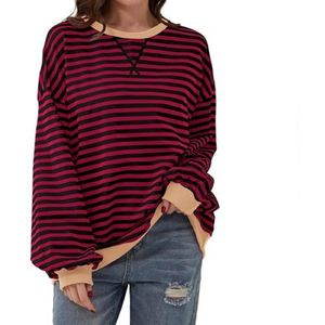 Women Oversized Striped Color Block Long Sleeve Crew Neck Sweatshirt Casual Loose Pullover Y2k Shirt Top (M,Burgundy)