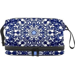 Grote capaciteit reizen cosmetische tas, witte kleur mandala donker paarse achtergrond, make-up tas, waterdichte make-up tas organisator, Meerkleurig, 27x15x14 cm/10.6x5.9x5.5 in