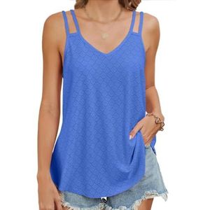 Dames zomer basic hemdje tank top Normallacks Hollow Out mouwloze tops casual V-hals spaghetti tank tops, Blauw, S