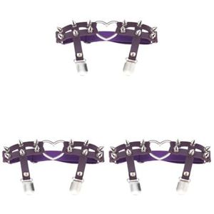 3 Set van 1x Vrouwen Lederen Dubbele Riem Hart Kousenband Elastische Klinknagel Stud Been Jarretelgordel, Paars