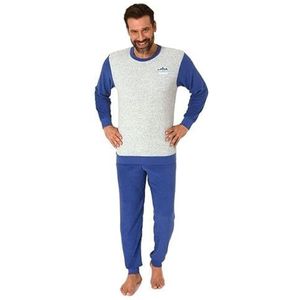 Normann Herenpyjama met lange mouwen van badstof met ronde hals en manchetten + grote maten, marineblauw, 58