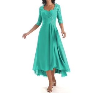 KIYNE Damesjurk, lange jurk voor moeder van de bruid met mouwen, geplooide kanten applicatie, V-hals, formele avondjurk, Turkoois, 32
