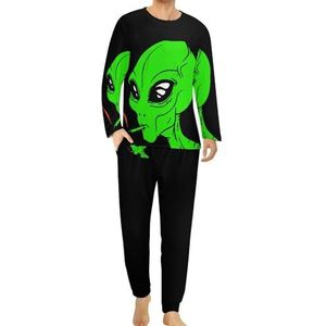 Grappige aliens roken comfortabele heren pyjama set ronde hals lange mouw loungewear met zakken S