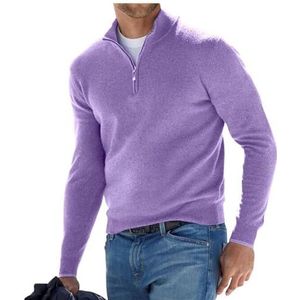 BAWUTZ Basic kasjmier sweater met rits voor heren, polo, klassiek, sweater met V-hals, lange mouwen, voelt aanvoelend, kwart rits (lila, S)