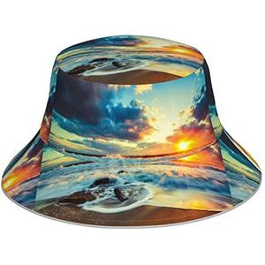 Blauwe Camo Print Reflecterende Bucket Hat Unisex Head Wear met Night Fluorescentie Casual Lichtgevende Hoed, Zonsondergang Strand, Eén Maat
