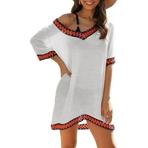 Cover Ups Voor Vrouwen Strandkleding Vrouwen Modieuze Losse V-hals Handgemaakte Gehaakte Korte Mouw Colorblock Strand Cover Up Vrouwen Zomer Badpak Cover Up Jurk Badpak Cover Ups Voor Vrouwen (Wit,