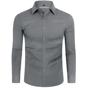 DEMEANOR Overhemd Heren Stretch Lange Mouwen Vrijetijdshemd Slim Fit Zakelijk Strijkvrij, Zilver, L