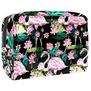 Draagbare make-up tas met rits reizen toilettas voor vrouwen handige opslag cosmetische zakje tropische flamingo zwart