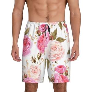 Heren Rose Flower Print Lounge Shorts Pyjama Bottoms Nachtkleding Shorts Kerst Shorts Losse Sportbroek, Zwart, 4XL