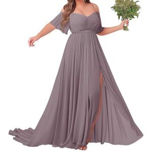 Off-shoulder bruidsmeisjes jurken met mouw - chiffon grote maten formele jurk, Mauve, 48 grote maten