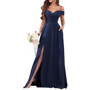 Dames chiffon bruidsmeisjes jurken met split lange galajurken ruches cocktailjurk plus size, Donkerblauw, 32