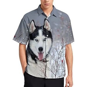 Siberische Husky Hond in de winter Hawaiiaans shirt voor mannen zomer strand casual korte mouw button down shirts met zak