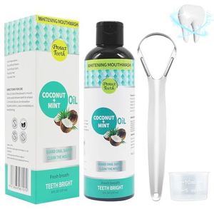 WAWJ® Kokosolie mondspoeling voor tanden, olietrukken met tongschraper, natuurlijke mondreiniging voor een frisse adem, natuurlijke kokosnoot, olietrekkend mondwater voor de mondverzorging voor een