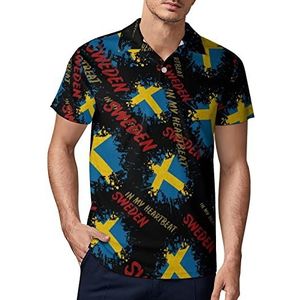 Sweden in My Heartbeat golfpoloshirt voor heren, zomer, korte mouwen, casual, sneldrogende T-shirts, L