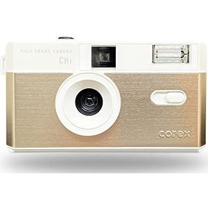Corex Half frame herbruikbare 35 mm camera CH1, ingebouwde flitser en compatibel met 35 mm film (film en batterij NIET inbegrepen) (Vegas Gold) Limited Edition - Gratis blauwe en gele filters