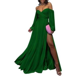 Chiffon bruidsmeisjesjurk voor dames, met splitplooien, baljurken, cocktailjurken, grote maten, Emerald Groen, 32
