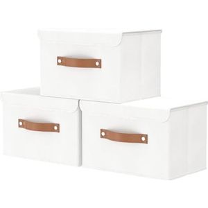 OUTBROS Grote opvouwbare opbergdoos met deksel, linnen stof kleding plank mand bakken doos voor handdoeken, kleding 38 x 25 x 25 cm (wit, 3 stuks)