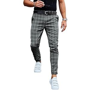 Heren - Geruite Pantalon - Grijs - Slim Fit Chino Broek - Elastisch