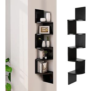MINGYI Hoekplank met 5 niveaus, hoekwandrek van MDF-hout, boekenkast, hangrek, rek in zigzagvorm, ca. 20 x 20 x 123 cm (zwart)