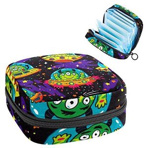 Periode Pouch, Draagbare Tampon Opbergtas voor Maandverband, Buitenaardse Monsters Cartoon, Meerkleurig, 4.7x6.6x6.6 in/12x17x17 cm