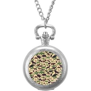 Camouflage Patroon met Dieren Vintage Zakhorloge met Ketting Quartz Arabische Cijfer Digitale Schaal Gepersonaliseerde Kerst Verjaardagscadeaus Zilver-stijl